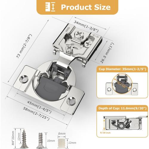 Size 50 pieces Furniware 50 Pieces 1/2 inch Overlay Soft Close Cabinet Hinges for Face Frame Cabinet, Stainless Steel, 105° Opening Angle, Concealed Self Closing Door Hinges- 3 Way Adjustment