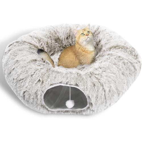 AUOON Cat Tunnel Bed for Indoor Cats - Large Cat Donut Tunnel with Hanging Ball Toy, Collapsible 2-in-1 Multifunctional Interactive Cat Toy for Kitten, Puppy, Rabbit, Ferret (Khaki)