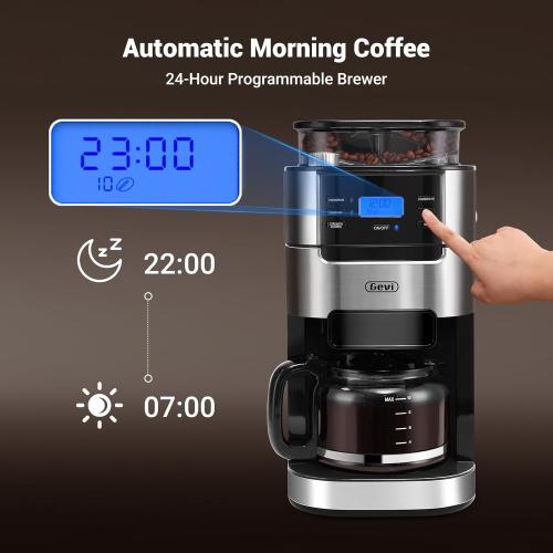Gevi 10-Cup Grind-And-Brew Drip Coffee Maker with Built-In Burr Grinder | Programmable Timer, 1.5L Water Tank, 2-Hour Auto Keep-Warm, Durable Reusable Permanent Filter for Daily Coffee Brewing
