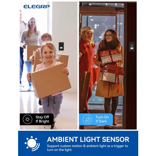 ELEGRP Smart Motion Sensor Switch, 2.4GHz Wi-Fi Single Pole Light Switch Works with Alexa & Google Assistant, APP Remote Control, Neutral Wire Required, UL Certified, No Hub Required (Black, 1 Pack)