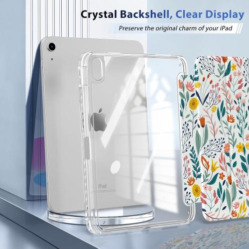 TiMOVO Case for iPad (A16) 11th Generation 11 Inch 2025, iPad 10th Generation Case 10.9 Inch 2022 with Pencil Holder,Slim Protective Cover with Clear Back Shell,Auto Wake/Sleep, Flowers