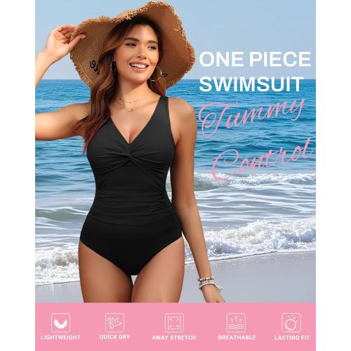 Holipick Women Medium Black Tummy Control One Piece Swimsuit - Push Up Bathing Suit Full Coverage Slimming Swimwear