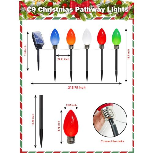 10 Pack Large C9 Christmas Decorations Outdoor Waterproof, Solar C9 Christmas Lights Outdoor with 2 Modes, Solar Pathway Lights for Outside Party Yard Lawn Patio Walkway Xmas Decoration (Multicolor)