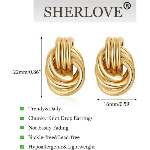 SHERLOVE Trendy Gold Plated Knot Earrings for Women Chunky Statement Drop Dangle Earrings Lightweight Hypoallergenic Fashion Accessories Gold Jewelry Gifts for Womens