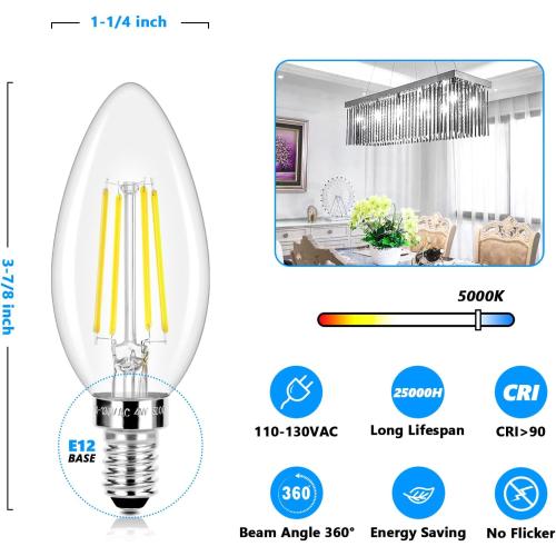 Pack of 4 LED Candle Bulbs 40W Equivalent Dimmable, E12 Candelabra Light Bulbs 4W 470Lm Clear Edison LED Bulb, Daylight White 6000K B11 Classic Bright Filament Bulb, Decorative Lights for Lamps,