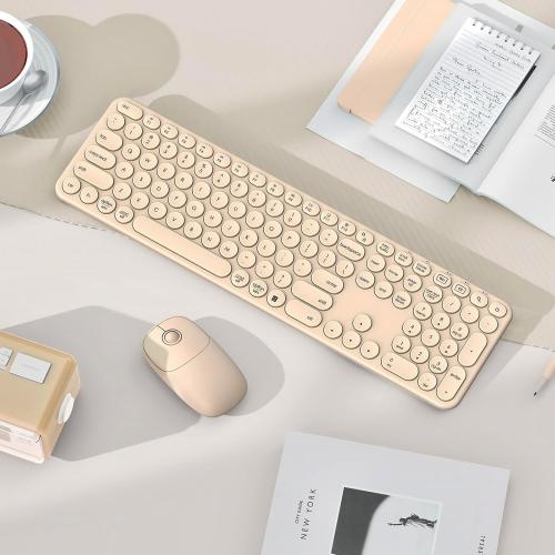 Color beige seenda Wireless Keyboard and Mouse, USB & Type C 2-in-1 Receiver, SK73-3 Full Size Brown Wireless Keyboard Mouse Combo, Compatible for Windows, MacBook Pro/Air, Laptop, Desktop, PC - Khaki
