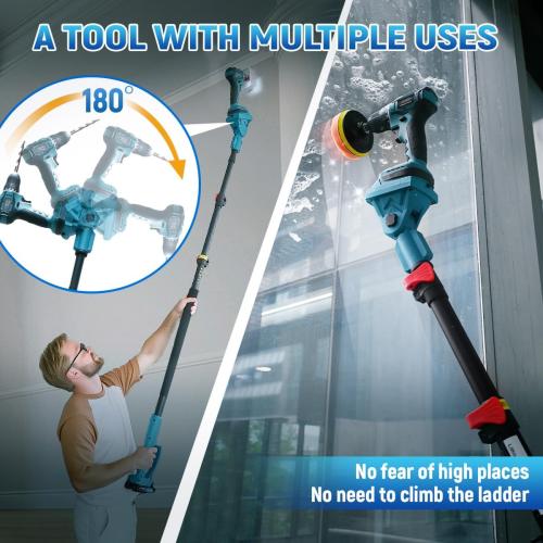 (Missing drill bit) 2-in-1 Cordless Telescoping Pole Drill, 20V Max Power Drill Cleaning Tool with 2 Batteries & 2.0A Charger, 5.3-15FT 180° Adjustable Extension Pole, Comes with 7 Pieces Drill Brush Attachments