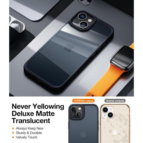 TORRAS Guardian Shockproof for iPhone 13/14 Case, [Military-Grade Drop Tested] Durable Protective Matte Hard PC Back Slim Thin DIY-Buttons for iPhone 13/14 Case, Translucent Black