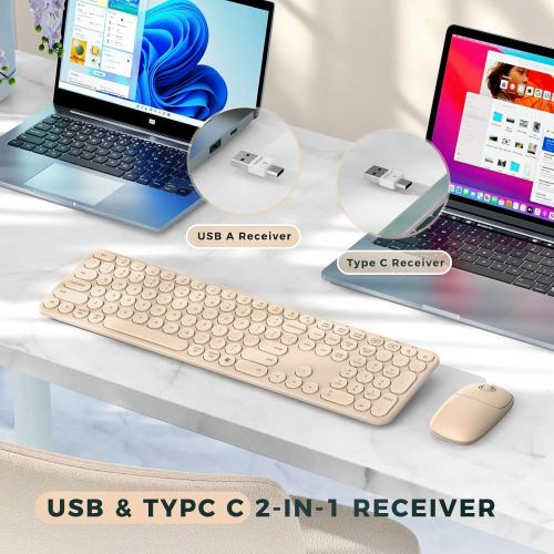 Color beige seenda Wireless Keyboard and Mouse, USB & Type C 2-in-1 Receiver, SK73-3 Full Size Brown Wireless Keyboard Mouse Combo, Compatible for Windows, MacBook Pro/Air, Laptop, Desktop, PC - Khaki