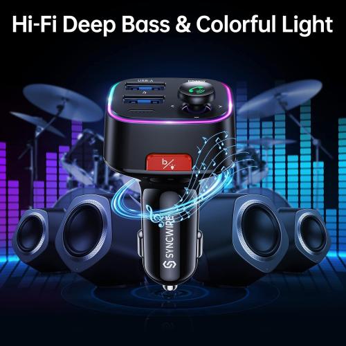 Syncwire Bluetooth 5.4 Car Adapter 48W FM Transmitter for Hands Free Calls | Light Switch, Fast Charge (PD 36W & 12W), HiFi Bass Sound, LED Display, USB Drive Support, Wireless Radio Music Adapter