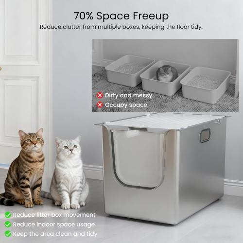 Stainless Steel Litter Box with Lid, Cat Litter Box with Door 14.5'' High Sides, XL Metal Kitty Litter Pan, Pet Toilet with Wheels for Easy Mobility, Anti-Leakage, Non-Sticky, Easy Clean