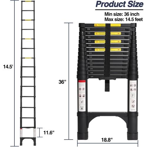 BOCOM 14.5 FT Aluminum Telescoping Ladder, Lightweight Multi-Purpose Collapsible Extension with 2 Triangle Stabilizers, Heavy Duty 330 lbs Max Capacity, Ideal for Home, RV, and Outdoor Work Black