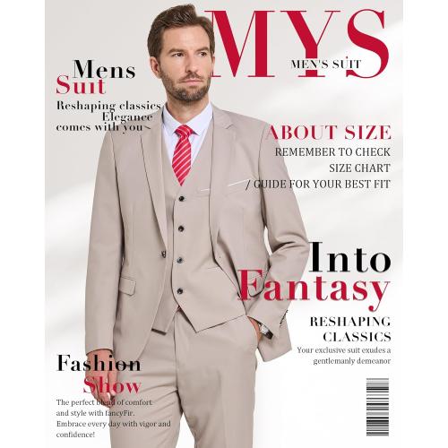 SIZE L  Men's 3 Piece Solid Suit Set, One Button Slim Fit Jacket Vest Pants