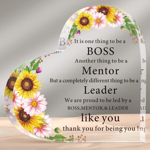 Yulejo Christmas Gift for Boss Work Boss Day Gifts for Women Men Heart Shape Acrylic Plaque Boss Paperweight Gift Thank You Boss Lady Office Desk Gift for Birthday Appreciation Retirement (Sunflower)