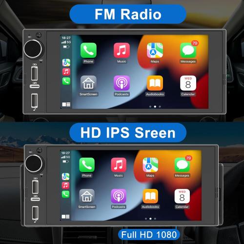 Single Din Touchscreen Radio Wireless Apple Car Play Wireless Android Auto, 6In Single Din Car Stereo with Mirror Link Bluetooth FM GPS Navigation SWC EQ