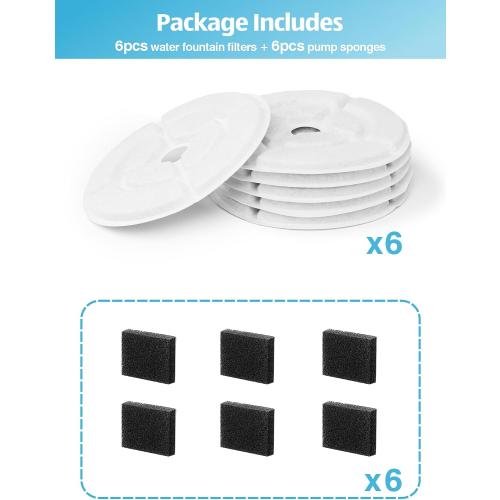 SIBAYS 6 Pack 7 Large Cat Water Fountain Filters Replacement for 2.5Gal/9.5L Dog Water Fountain(FS68/FS82) with 4 Layers Filtration System, Made of Coconut Shell Activated Carbon and PP Cotton L03