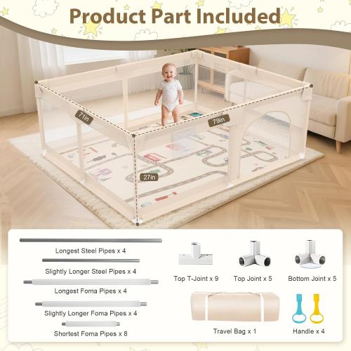 Baby Playpen with Mat 79x71inch - Extra Large Play Pen for Babies and Toddlers Indoor & Outdoor Baby Playard with Soft Breathable Mesh Cover - Sturdy Foam Infant Gate Playpen(Apricot)