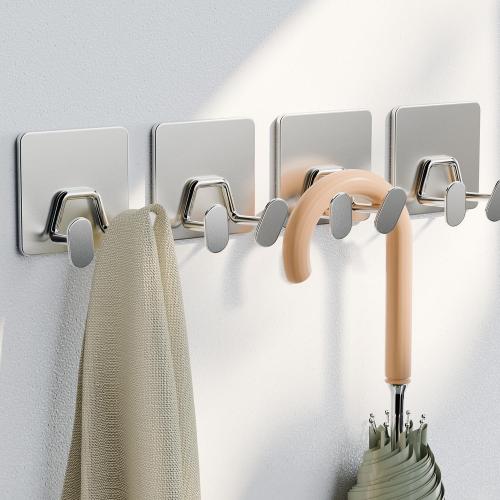 Adhesive Shower Hooks for Inside - Extra Sticky Stainless, Razor Holder Shower Accessories, Wall Mounted Self-Adhesive Double Hooks for Razor, Loofah, Towel, Shaver, Coat, Key, Silver, 4-Pack
