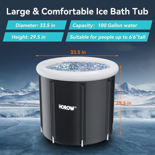Size 33.5L x 35.5W x 29.5H Color Black HOROW Ice Bath Tub for Athletes, Multiple Layered Portable Ice Bath Plunge for Cold Water Therapy and Recovery, Inflatable Ice Pod Barrel with Cover, Foldable Ice Plunge Tub for Home, Gym, Outdoor Use