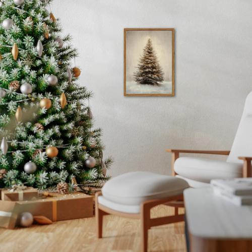 Vintage Christmas Tree Wall Art, Winter Holiday Botanical Wall Decor Paintings, Rustic Pine Tree Canvas Prints Artwork Picture for Farmhouse Mantel Bedroom Living Room  Wood Framed