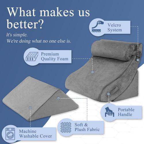Redluxe Orthopedic Bed Wedge Pillow Set, Post Surgery Foam for Back, Neck and Leg Pain Relief Comfortable & Adjustable Ortho Pillows- Anti Snoring, Heartburn, Acid Reflux & GERD Sleeping Grey