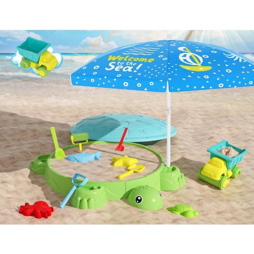 Upgraded Kids Turtle Sandbox with Lid & Adjustable Umbrella, Truck Toy & 8pcs Sand Shovels, Sand Box with Cover, Beach Toys for Toddlers 3-5, Plastic Indoor Outdoor Play Toys Gift for Girls Boys