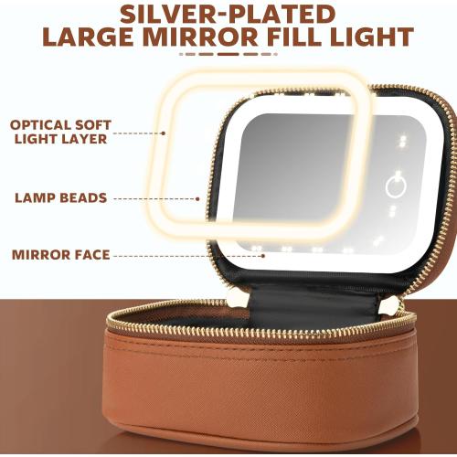 Mini Makeup Bag with Led Mirror, Small Travel Make up Bag 3 Light Modes Adjustable Brightness, for Women Organizer Cosmetic Bag, Portable Travel Train Toiletry Bag, for Pool Parties Work Touch-Ups