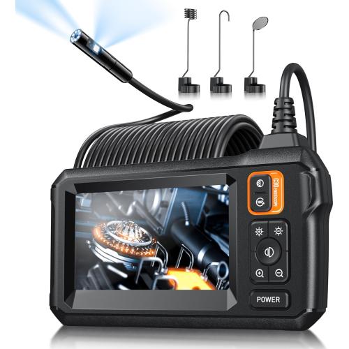 Endoscope Camera with Light, Inspection Borescope Camera with 4.3 IPS Screen, 1920P HD with 8 LED Lights, 32.8FT Semi-Rigid Cord Bore Scope, IP67 Waterproof Endoscope for Sewer, Dual Lens(Orange)