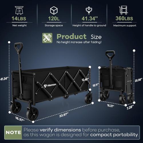 Hikemoon 34'' Extra Long Collapsible Wagons Carts Foldable, 360LBS Heavy Duty Folding Beach Wagon Cart with Wheels, Portable Utility Outdoor Wagon for Grocery, Shopping, Garden, Sports, Camping, Black