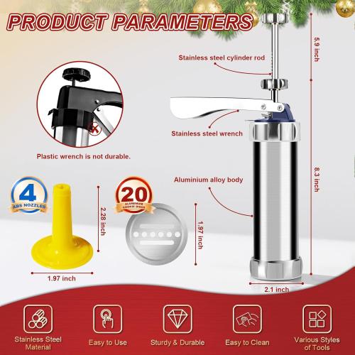 Upgraded Cookie Press Gun, Stainless Steel Spritz Cookies Press Kit With 20 Discs 4 Tips, Food-Grade Baking Machine for DIY Christmas Cookies Maker, Cake Decorating And Holiday Parties