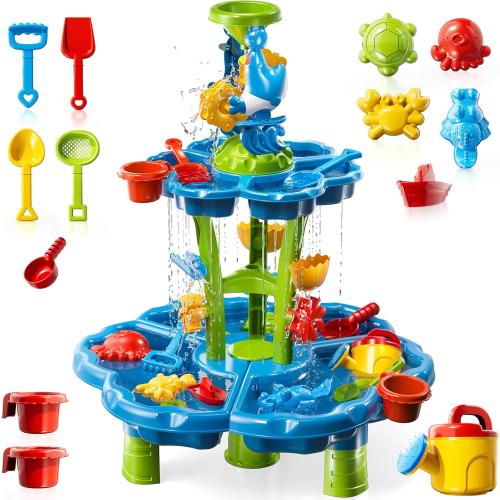 Water Table for Toddlers 3-5 4-8, 2-Tier 3 in 1 Kids Sand and Water Table, Summer Outdoor Beach Outside Backyard Activity Sensory Water and Sand Tables, Birthday Party Gift for Kids Boys and Girls