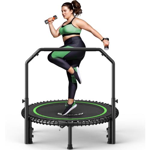 BCAN 450/550 LBS Foldable Mini Trampoline, 40/48 Fitness Trampoline with Bungees, U Shape Adjustable Foam Handle, Stable & Quiet Exercise Rebounder for Adults Indoor/Outdoor Workout