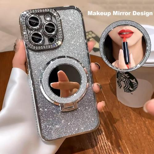 Changjia Magnetic Kickstand Glitter Case for iPhone 17 Pro,[Compatible with Magsafe] Cute Bling Sparkly Rhinestones with Camera Protector &Makeup Mirror Women Girls Case for iPhone 17 Pro 6.3, Silver