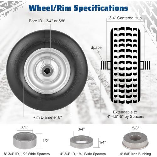 2pack 11x4.00-5 Flat Free Solid Tubeless Tire w/Silvery Steel Rim Fits Zero Turn Mowers, 3.4-4-4.5-5 Centered Hub, Bore ID: 3/4 or 5/8, Come with Universal Adapter Kit, Set of 2