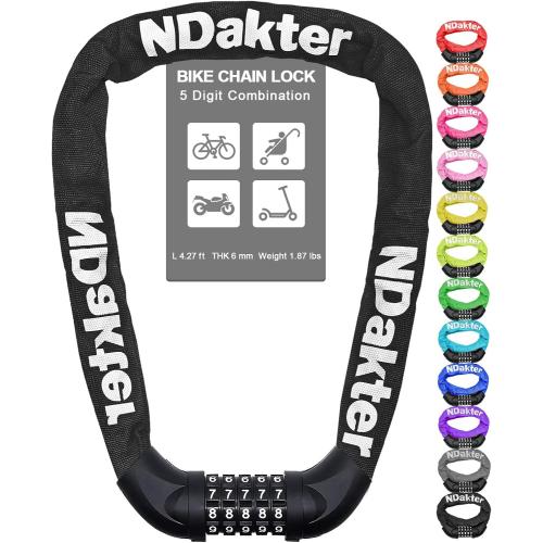 NDakter Bike Lock, 5 Digit Combination Heavy Duty Anti Theft Bicycle Chain Lock, 2.62/3.2/4.27/5/6Ft Long, High Security Resettable, Suitable for Bike, Scooter, Door, Gate, Fence-4/6mm Thick