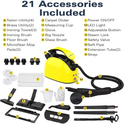 Steam Cleaner, Multipurpose Powerful Steamer with 21 Accessories, 248°F High-Temperature Steam for Floors, Grout, Tiles, Carpet, Cars - Portable 1.08L Tank, Child Lock, Chemical-Free Cleaning (Yellow)