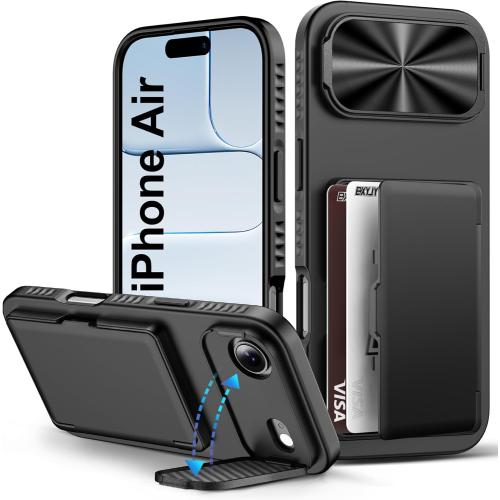 for iPhone Air Case Wallet, Card Holder (3-5 Cards), Camera Cover Stand, Military Grade Drop Protection, Rugged Hard Heavy Duty Men Women Phone Case for iPhone Air 6.5 2025, Black