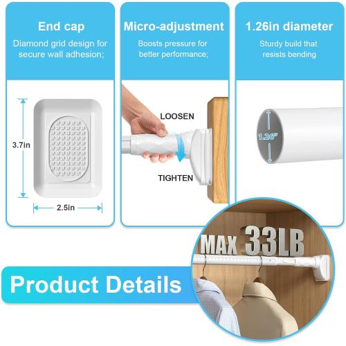 Closet Rods For Hanging Clothes,41-126 In(3-10ft) Extra Long Tension Rod For Closet,Adjustable Rod Without Drilling 33lb Heavy Duty Closet Rods Diameter 1.26in-One-Bond Stretching,White