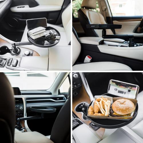 Black 9 Macally Cup Holder Tray for Car - Adjustable Car Tray Table - Perfect Car Food Tray for Eating with Phone Slot and Swivel Arm - Car Organizer