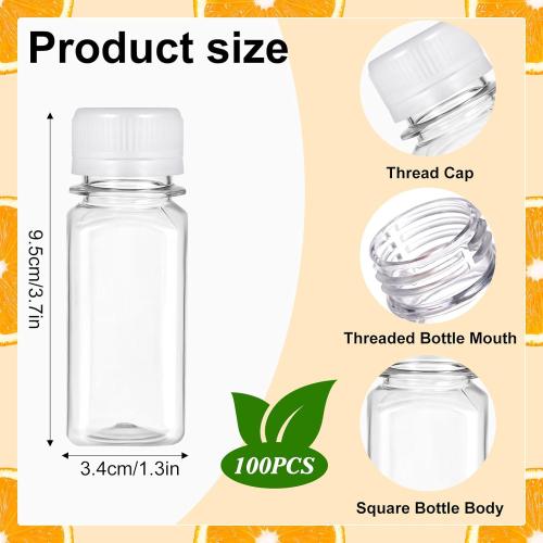 100 Pack 2 oz Small Plastic Shot Bottles with Caps Ginger Shots Bottles for Liquids, Reusable Clear Juice Containers with Scale, Funnels, Stickers for Ginger, Liquids, Beverages