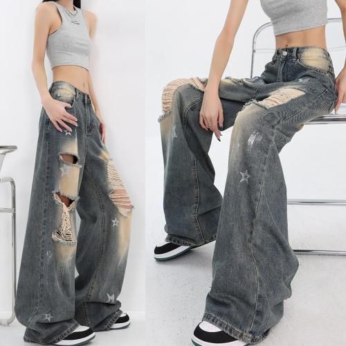 Size S/M Fashion Vintage High Waisted Baggy Wide Leg Ripped Jeans Y2K Star Washed Casual Straight Leg Denim Pants