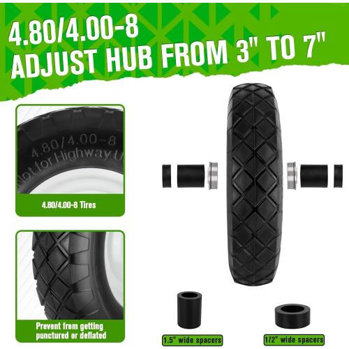 4.80/4.00-8 Tire and Wheel, 16 Flat Free Solid Wheelbarrow Tire with 5/8&3/4 Bearings 3 Hub, 14-16 Universal Fit Wheelbarrow Tires for Hand Truck/Garden Trailer/Trolley/Wagons