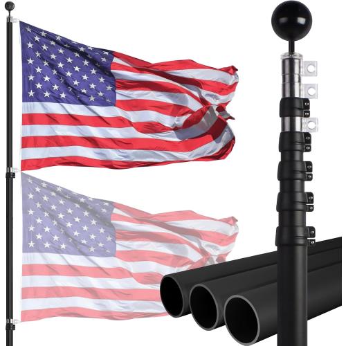 NELXINJO 20ft Telescopic Flag Pole - Extra Thick Outdoor Telescoping Flag Poles with 3x5 American Flag for Residential or Commercial,Black