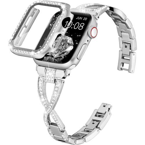 wipalor Dressy X Band for Silver Apple Watch Bands 44mm for Women with Bling Diamond Case, Metal Thin iWatch Bands for women, Designer Cute Band for Apple Watch SE Series 6 Series 5 4-Silver