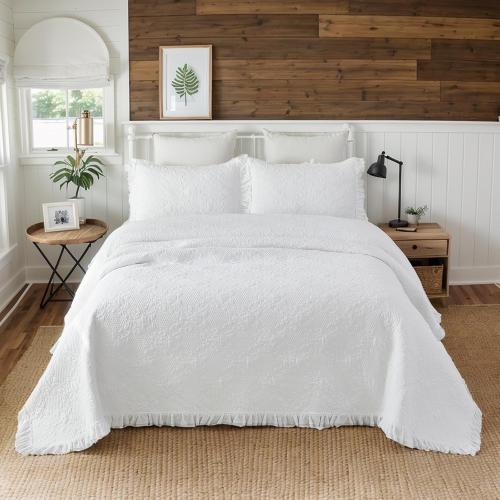 Brandream White Quilt Set King Size Cotton Farmhouse Paisley Matelasse Coverlet Set Ruffle Bedspread