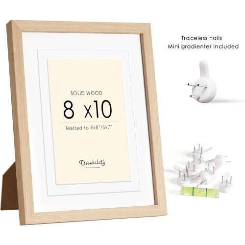 8x10 Picture Frames Matted for 5x7 and 6x8 Picture, Solid Wood with Oak Wood Grain, Double Mats Photo Frame with Tempered Real Glass Fits 3 sizes, Tabletop or Wall Mounting Display, Oak