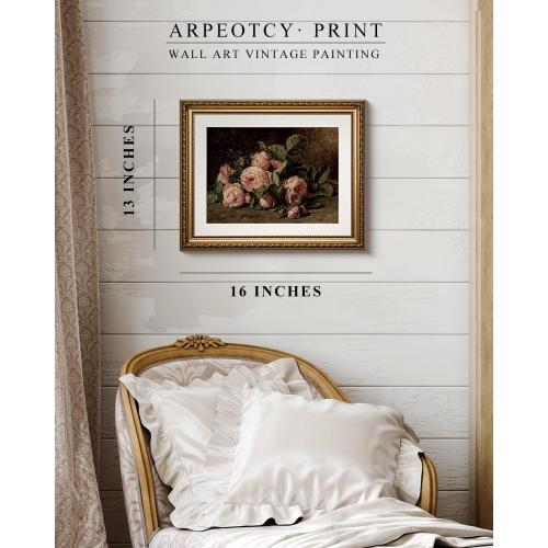 ARPEOTCY Vintage Gold Framed Wall Art, Retro Still life Pink Roses Canvas Prints Artwork with Antique Frame, Victorian Wall Paintings Decor for Living Room Gallery, 13x16 inch