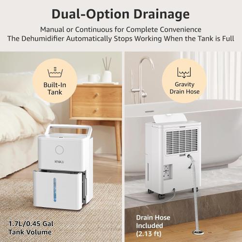 WHITE 1600 sq.ft Dehumidifier for Basement, 21 Pint Dehumidifiers for Home with Drain Hose, Continuous Drainage, Washable Filter, Intelligent Humidistat for Bedroom, Bathroom, Large Room