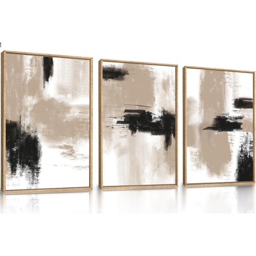 16x24x3 LHIUEM Large Abstract Framed Canvas Wall Art,Modern Black and Brown Artwork,Minimalist Color Block Shape Wall Decor,Neutral Beige Artwork for Living Room,Bedroom,Office-16''x24''x3