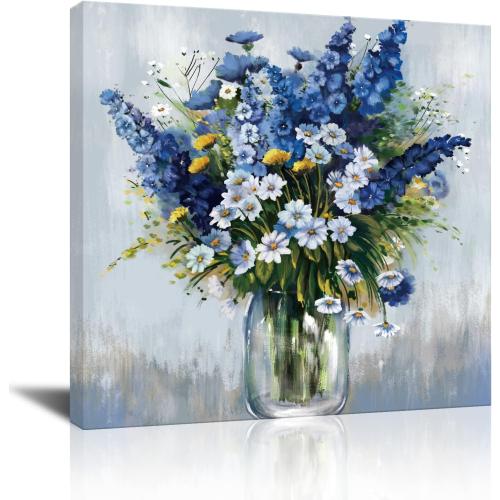 Blue and White Flower Wall Art, Bathroom Floral in vase Canvas Print Nature Scenery Wall Art for Living Room Bedroom Wall Painting Decoration Modern Artwork